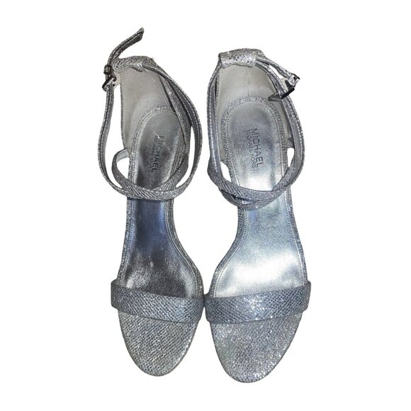 MICHAEL KORS AVA Mid Heel Strappy Sandal SILVER Glitter Evening Size 7.5 - Picture 7 of 16